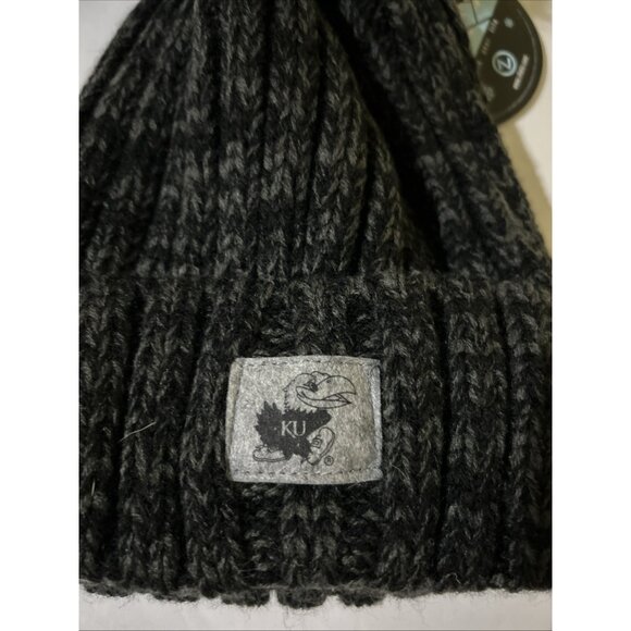 NCAA Kansas Jayhawks Pom Pom Knit Beanie Gray Black Cuffed Hat Womens New - Picture 2 of 5